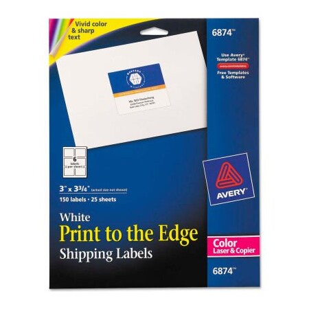 Avery Avery Shipping Labels for Color Laser & Copier, 3 x 3-3/4, Matte White, 150/Pack 6874